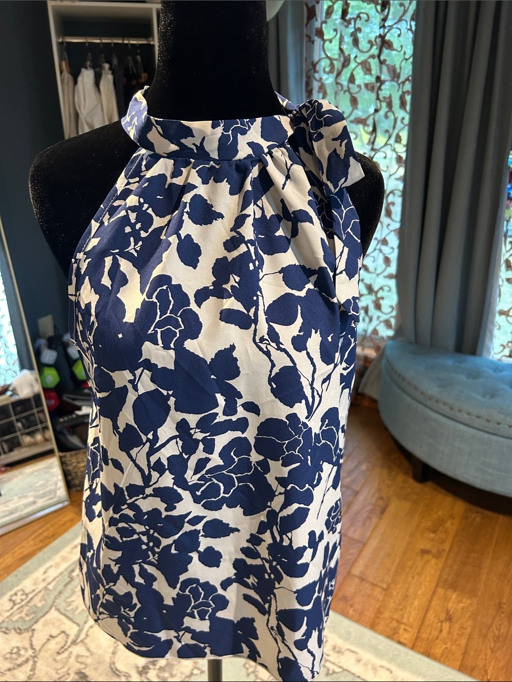 Navy and White Floral Halter Tank Top